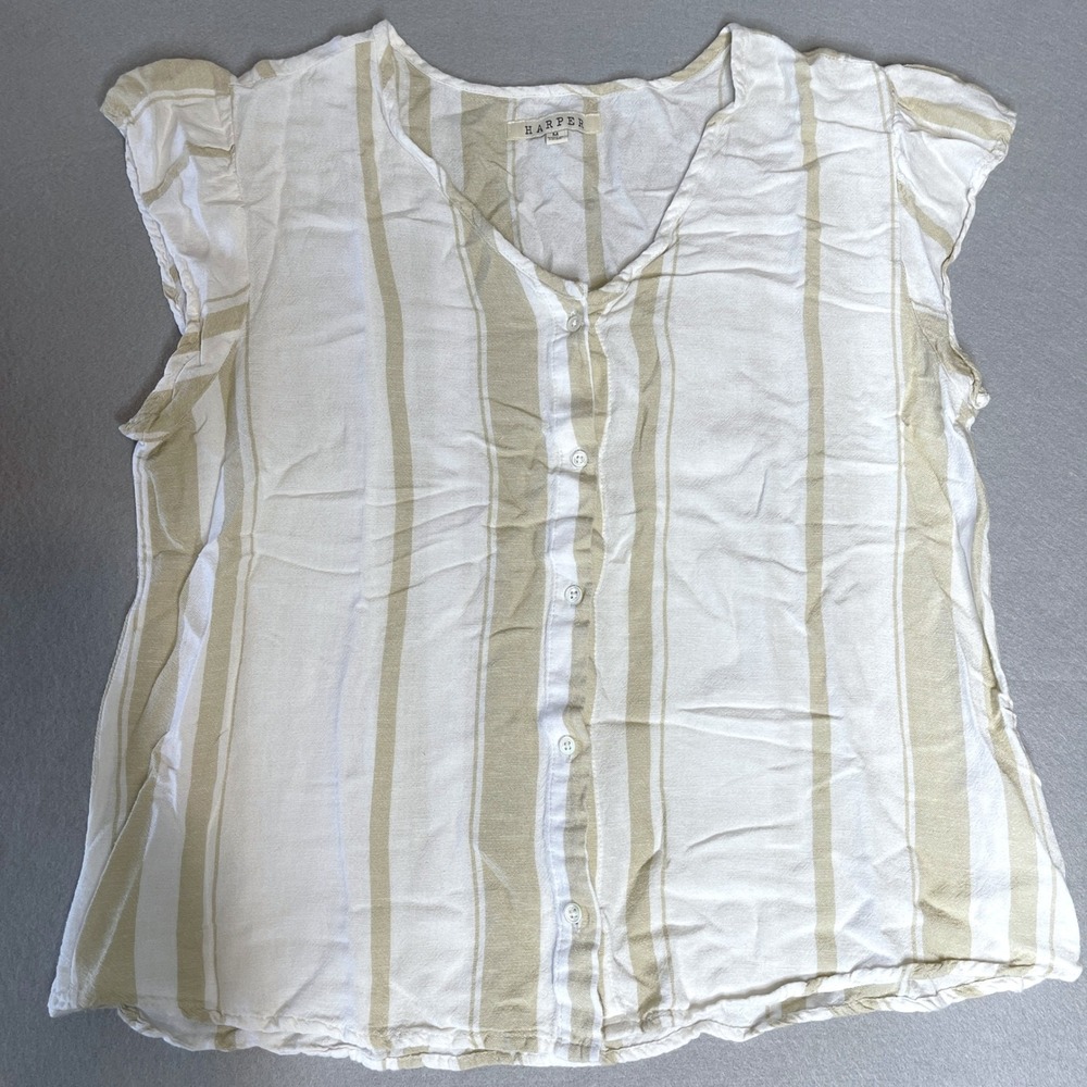 Harper Linen Blend Top Striped with Ruffle‎ Shoulders